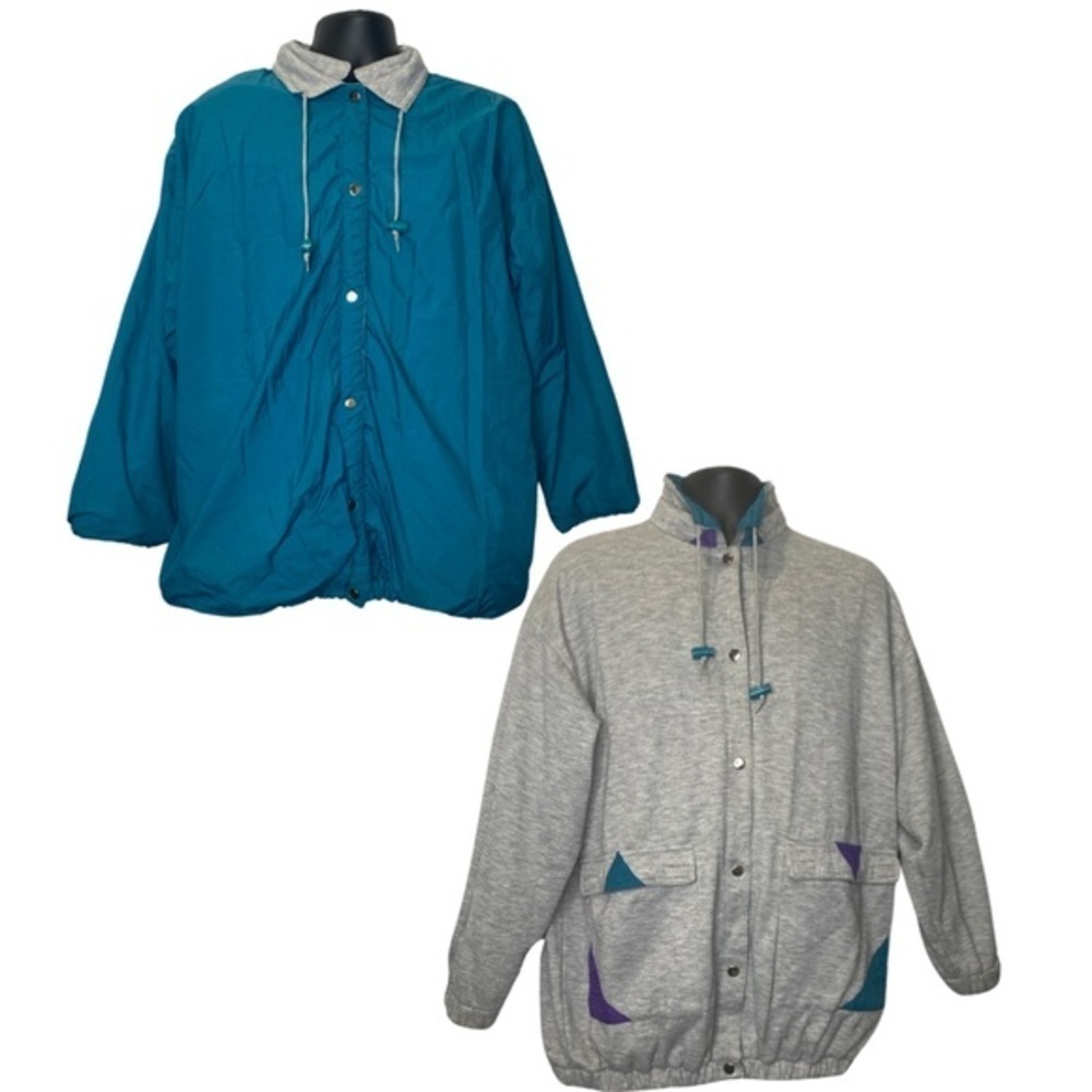 Vintage Reversible Windbreaker Style Jacket (Size:XL, Color:Blue/Gray/Purple)